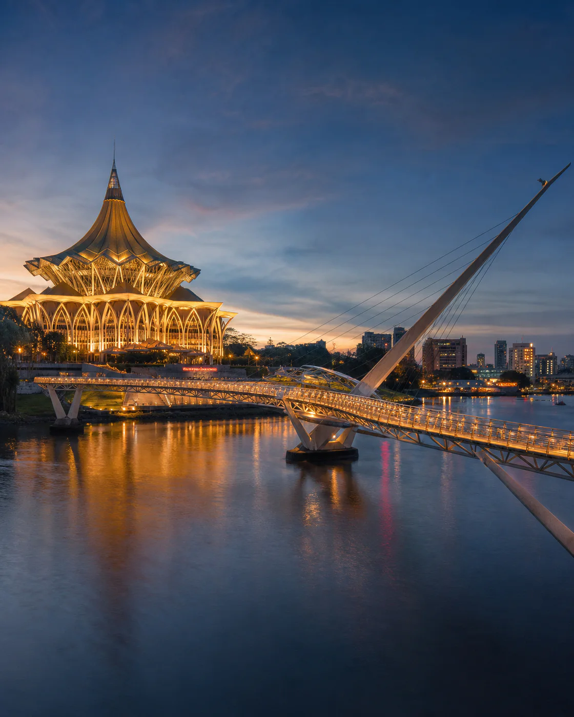 Kuching Waterfront with the Darul Hana Bridge and Sarawak State Legislative Assembly building
